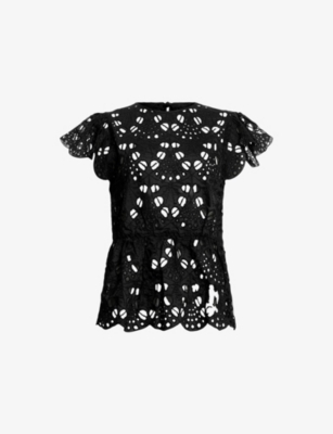 Allsaints Womens Black Meadow Broderie-texture Woven Top