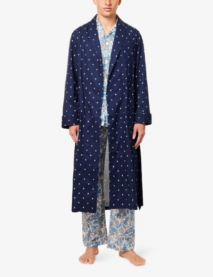 Derek Rose Mens Nelson Graphic-pattern Cotton-poplin Robe Navy