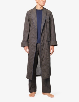Derek Rose Mens Nelson Graphic-print Cotton-poplin Robe Navy