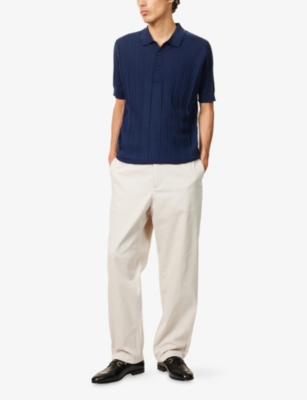 John Smedley Mens Hemingway Blue Jaxen Ribbed Wool Polo Shirt Xxl