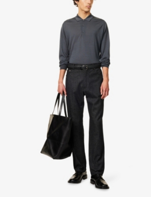 John Smedley Mens Slate Grey Belper Long-sleeves Wool Polo Shirt