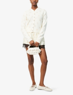 Ganni Womens Antique White Floral-print Embellished-button Wool-blend Knitted Cardigan