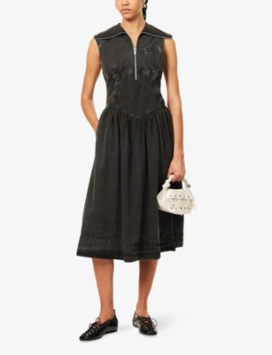 Ganni Womens Black Zip-up Sleeveless Cotton Midi Dress