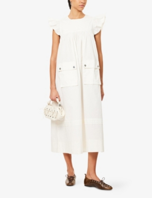 GANNI: Frilled-Sleeve Cotton Midi Dress