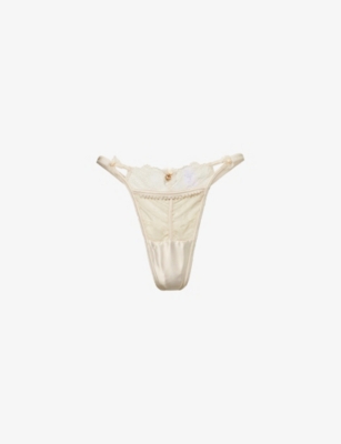 LOUNGE UNDERWEAR: Bridal Candice Embroidered Satin And Mesh Thong