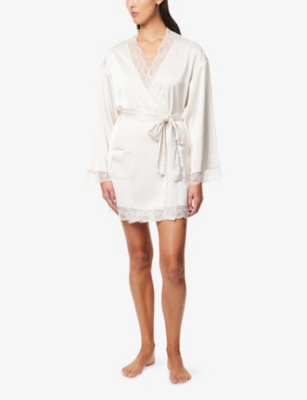 Lounge Underwear Womens White Bridal Lace-trim Satin Robe In White