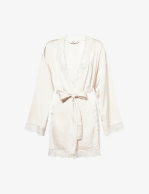 Lounge Underwear Womens White Bridal Lace-trim Satin Robe In White