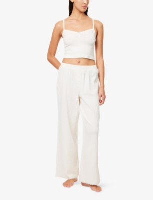 LOUNGE UNDERWEAR: Pointelle Cropped Stretch-Cotton Cami Pyjama Top