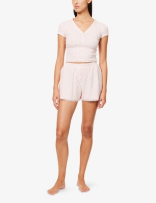LOUNGE UNDERWEAR: Pointelle Floral-Print Mid-Rise Stretch-Cotton Pyjama Shorts