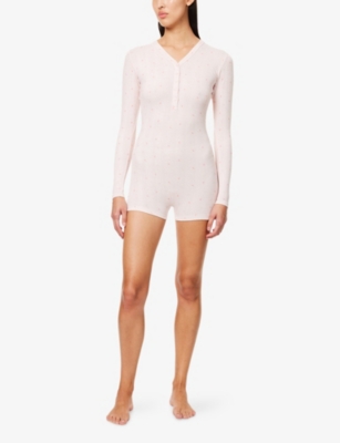 Lounge Underwear Womens Pointelle Long-sleeve Stretch-cotton Romper Pink