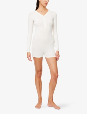 LOUNGE UNDERWEAR: Pointelle Long-Sleeve Stretch-Cotton Romper