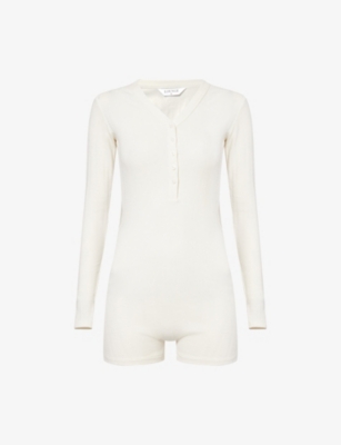 LOUNGE UNDERWEAR: Pointelle Long-Sleeve Stretch-Cotton Romper