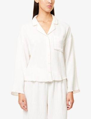 Lounge Underwear Womens  Crinkle Cropped Woven Pyjama Shirt In White