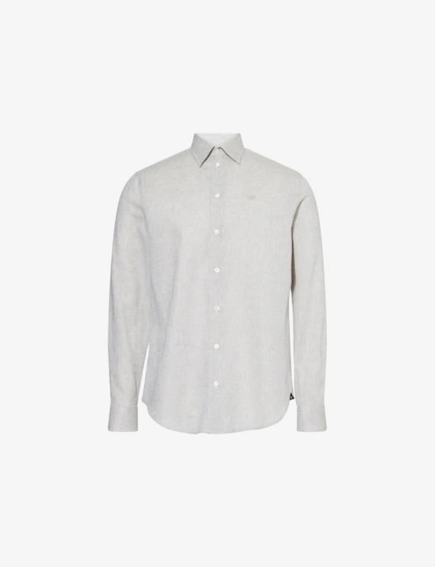 Brand-Embroidery Curved-Hem Linen And Cotton Shirt
