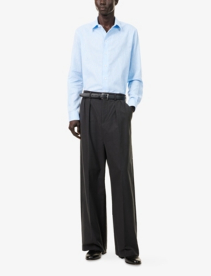 EMPORIO ARMANI: Brand-Embroidery Curved-Hem Linen And Cotton Shirt