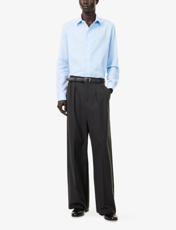 Brand-Embroidery Curved-Hem Linen And Cotton Shirt