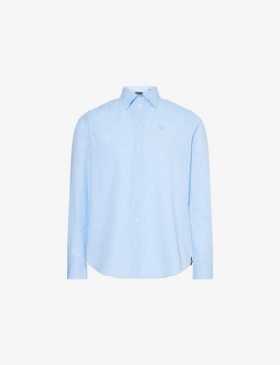 EMPORIO ARMANI: Brand-Embroidery Curved-Hem Linen And Cotton Shirt