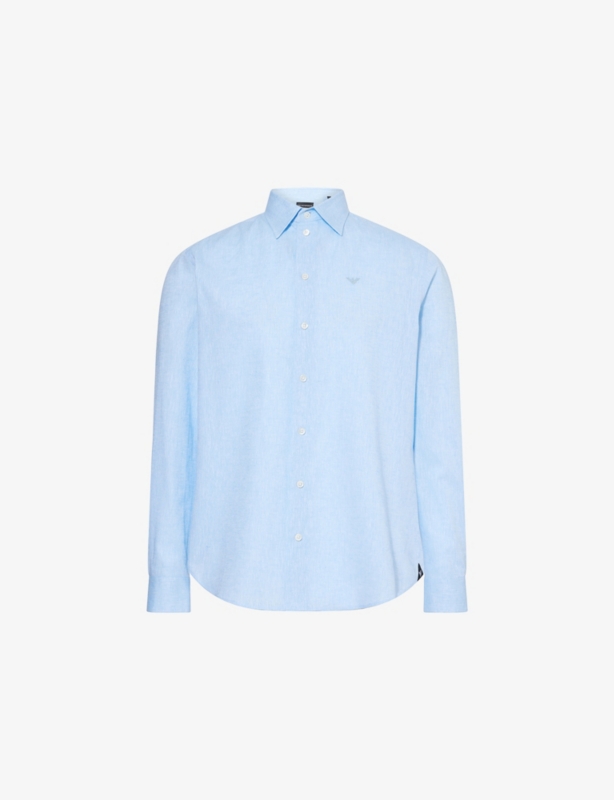 Brand-Embroidery Curved-Hem Linen And Cotton Shirt