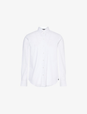 EMPORIO ARMANI: Brand-Embroidery Curved-Hem Linen And Cotton Shirt