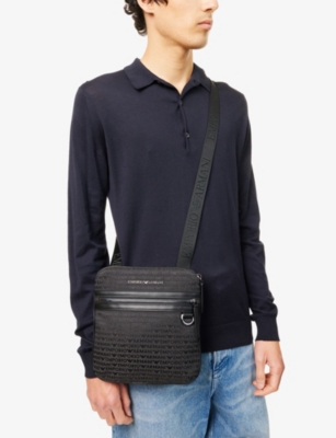 Emporio Armani Mens Jacquard Messenger Cotton-blend Cross-body Bag Bristol Black