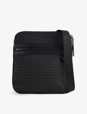 Emporio Armani Mens Jacquard Messenger Cotton-blend Cross-body Bag Bristol Black