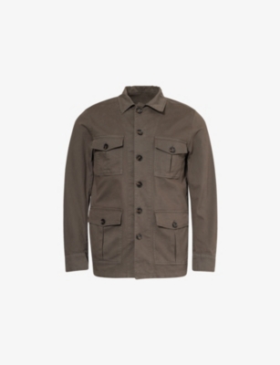Oscar Jacobson Mens Safari Patch-pocket Cotton Shirt Jacket Army Green Xl