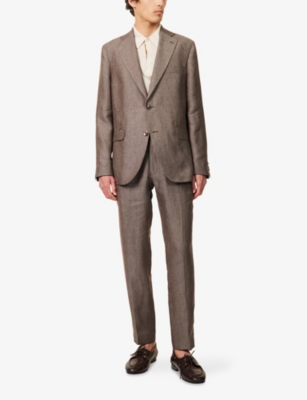 Oscar Jacobson Mens Denz Tapered Linen Trousers Dusk Brown