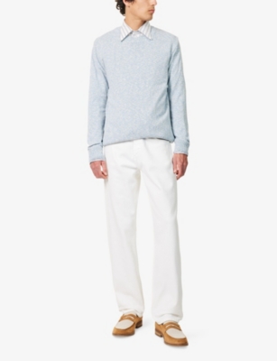 Oscar Jacobson Mens Mirco Crewneck Cotton-blend Knit Jumper Bleached Blue