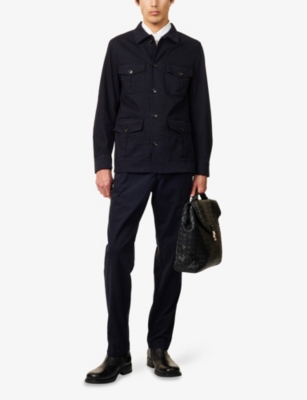 Oscar Jacobson Mens Safari Pointed-collar Cotton Shirt Jacket Navy Xl