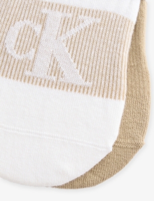 Calvin Klein Mens  Footie High-cut Pack Of Two Stretch Cotton-blend Liner Socks In White/khaki