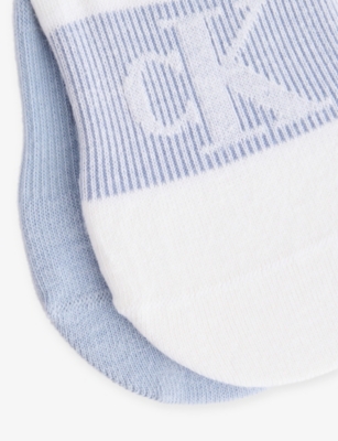 Calvin Klein Mens  Footie High-cut Pack Of Two Stretch Cotton-blend Liner Socks In White/blue