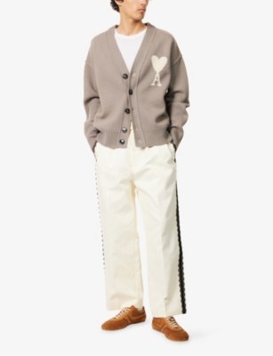 AMI PARIS: V-Neck Brand-Intarsia Wool Cardigan