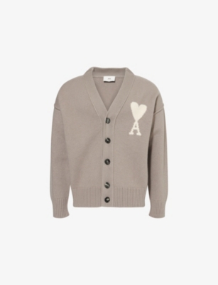 AMI PARIS: V-Neck Brand-Intarsia Wool Cardigan