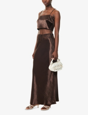 4th & Reckless Womens Chocolate Samira Embroidered Satin Maxi Skirt In Brown