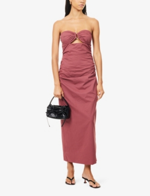 4th & Reckless Linen Look Bandeau Gold Hardware Detail Cut-out Maxi Dress In Red