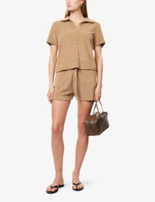 4th & Reckless Womens Camel Zita Towelling Short-sleeve Woven Polo Shirt Xs In Neutral