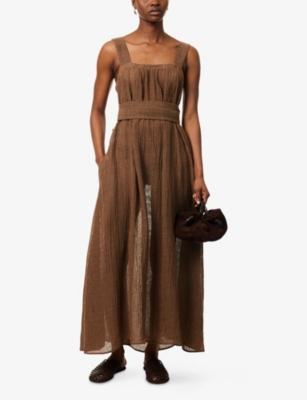 LE KASHA WOMENS TABACCO ASSIOUT A-LINE LINEN MIDI DRESS 