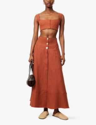 LE KASHA: Farafra High-Waist Linen Midi Skirt