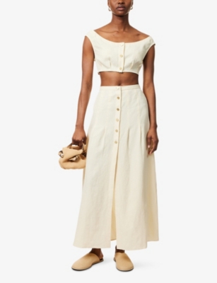 Le Kasha Womens Yellow Hadera Pleated Linen Midi Skirt Xs