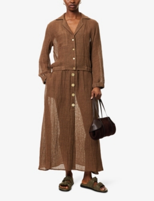 LE KASHA WOMENS TABACCO HAYS BUTTON-DOWN LINEN MIDI SKIRT 