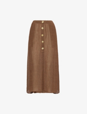 LE KASHA WOMENS TABACCO HAYS BUTTON-DOWN LINEN MIDI SKIRT 
