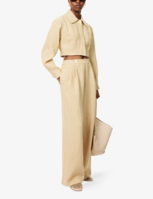 LE KASHA WOMENS STRAW BEIGE QAFTAH CROP LINEN JACKET 