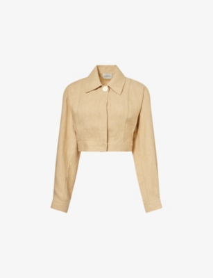 LE KASHA WOMENS STRAW BEIGE QAFTAH CROP LINEN JACKET 
