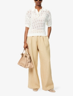 Le Kasha Womens White Qarar Crochet Linen Polo Shirt