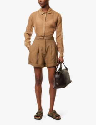 LE KASHA WOMENS SAND SANBU SHEER LONG-SLEEVE LINEN SHIRT 