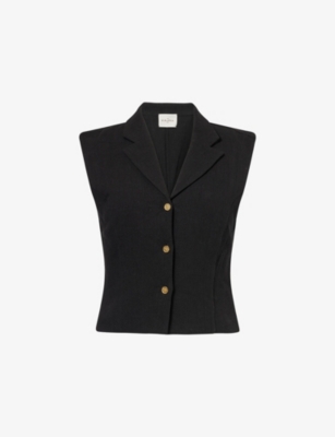 LE KASHA WOMENS SAWADAH NOTCH-LAPELS LINEN VEST BLACK 