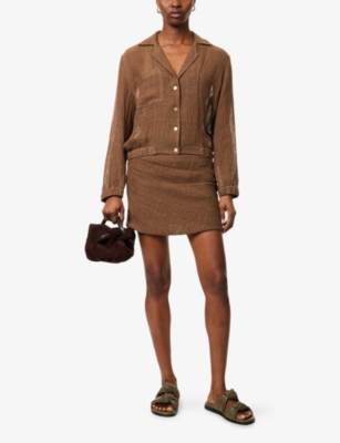 Shop Le Kasha Womens Tabacco Spetses Pleated Linen Mini Skirt