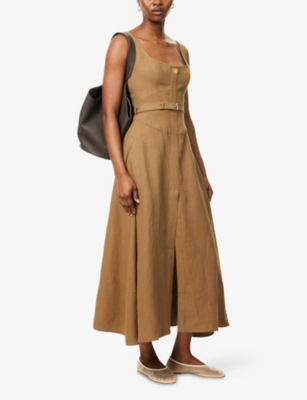 LE KASHA WOMENS TABACCO SUBU BELTED LINEN MIDI DRESS 