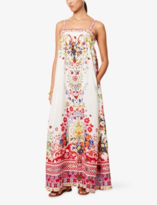 Camilla Womens Faith, Luck & Justice Floral-print Wide Strap Linen Maxi Dress Xs In Multi