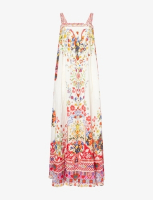 Camilla Womens Faith, Luck & Justice Floral-print Wide Strap Linen Maxi Dress Xs In Multi